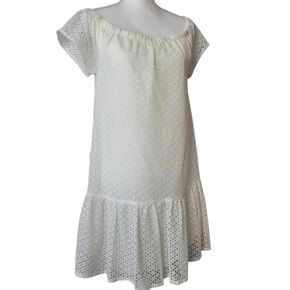 Central Park West Eyelet Dress White Ruffle Hem Cottagecore size L - Picture 8 of 8